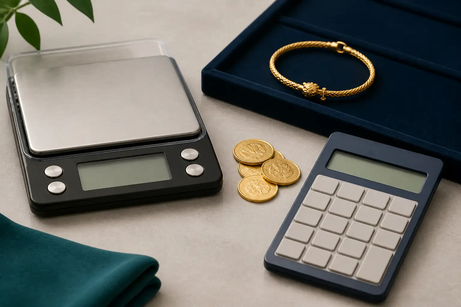 Digital scale, small gold items, and calculator for per-gram gold price calculations.
