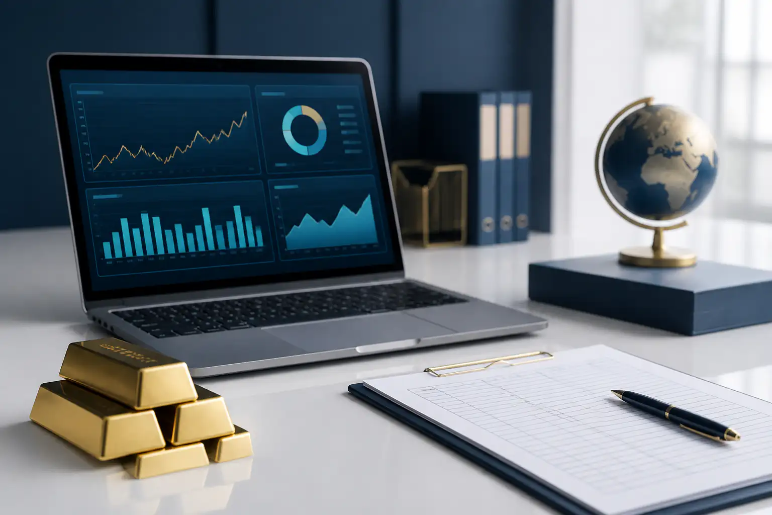Gold price records with abstract charts, gold bars, and market notes.