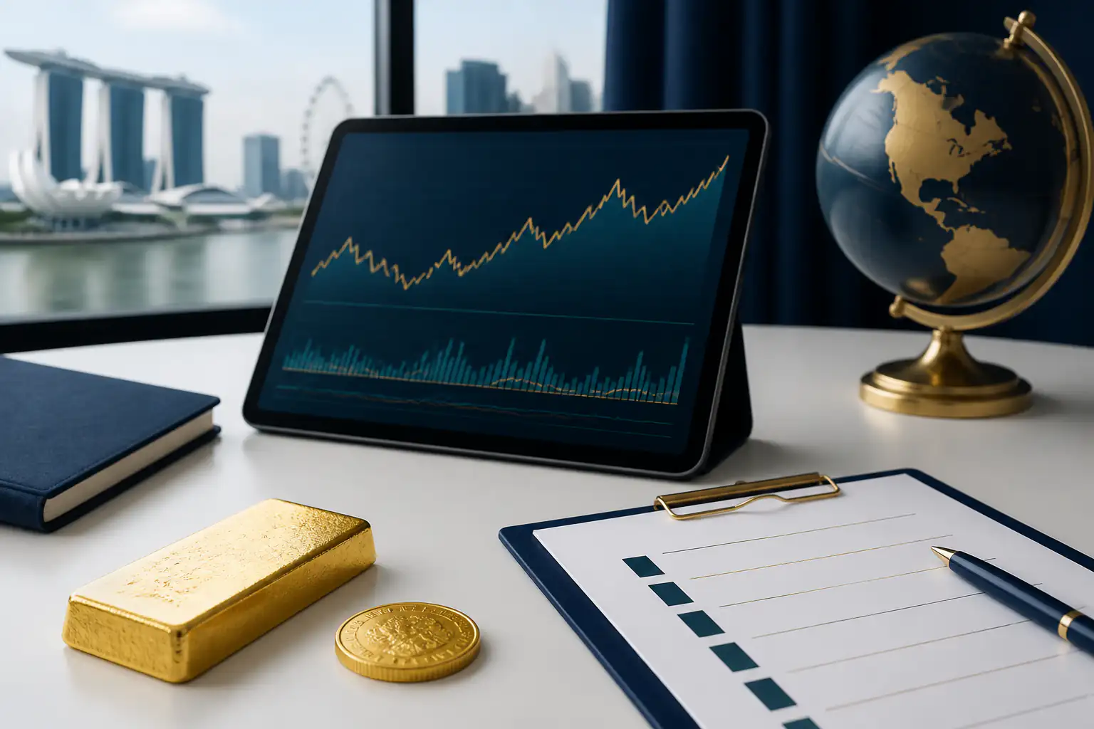 Gold news summary with bars, abstract charts, and market source notes.