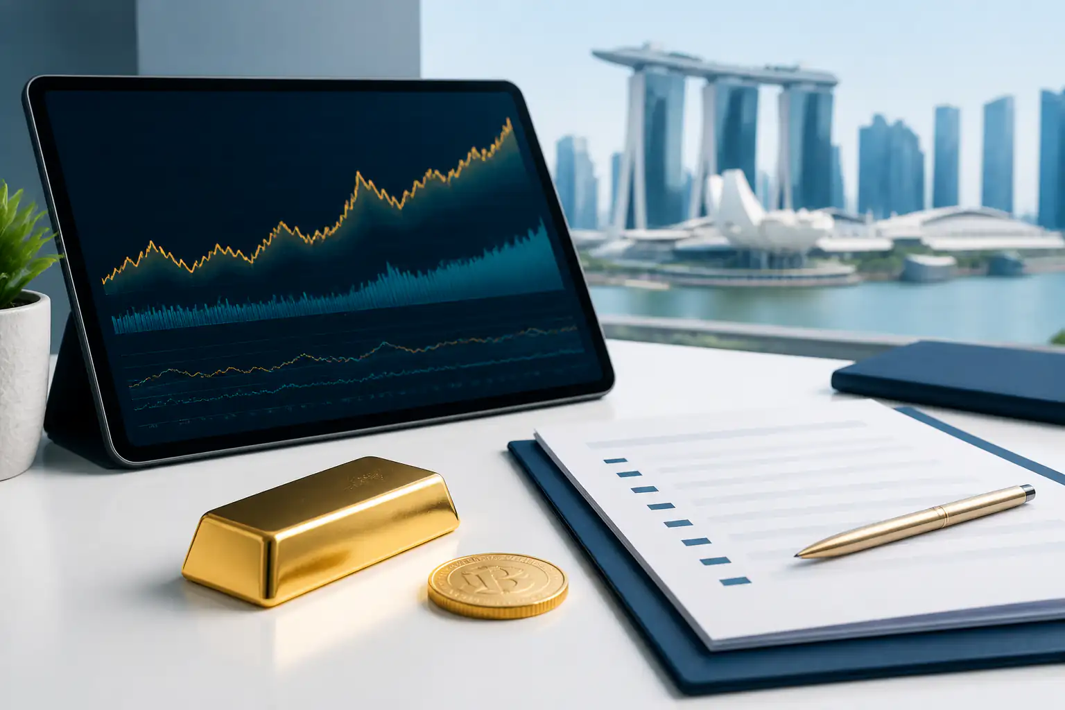 Gold news summary with bars, abstract charts, and market source notes.
