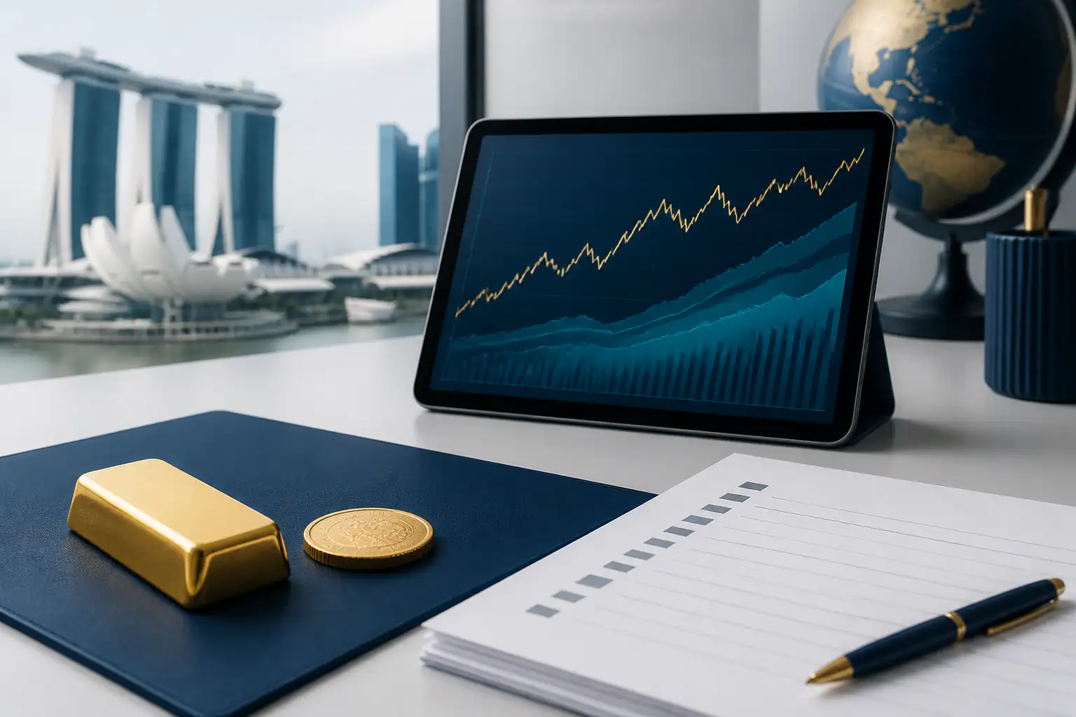 Gold news summary with bars, abstract charts, and market source notes.
