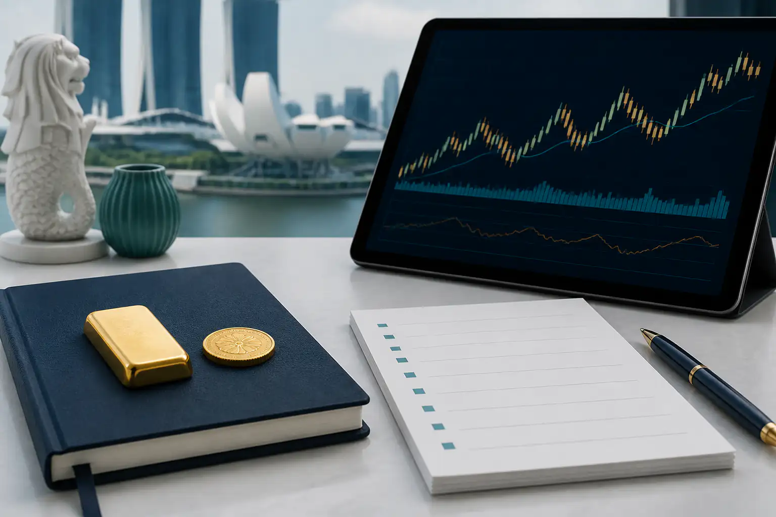Gold news summary with bars, abstract charts, and market source notes.