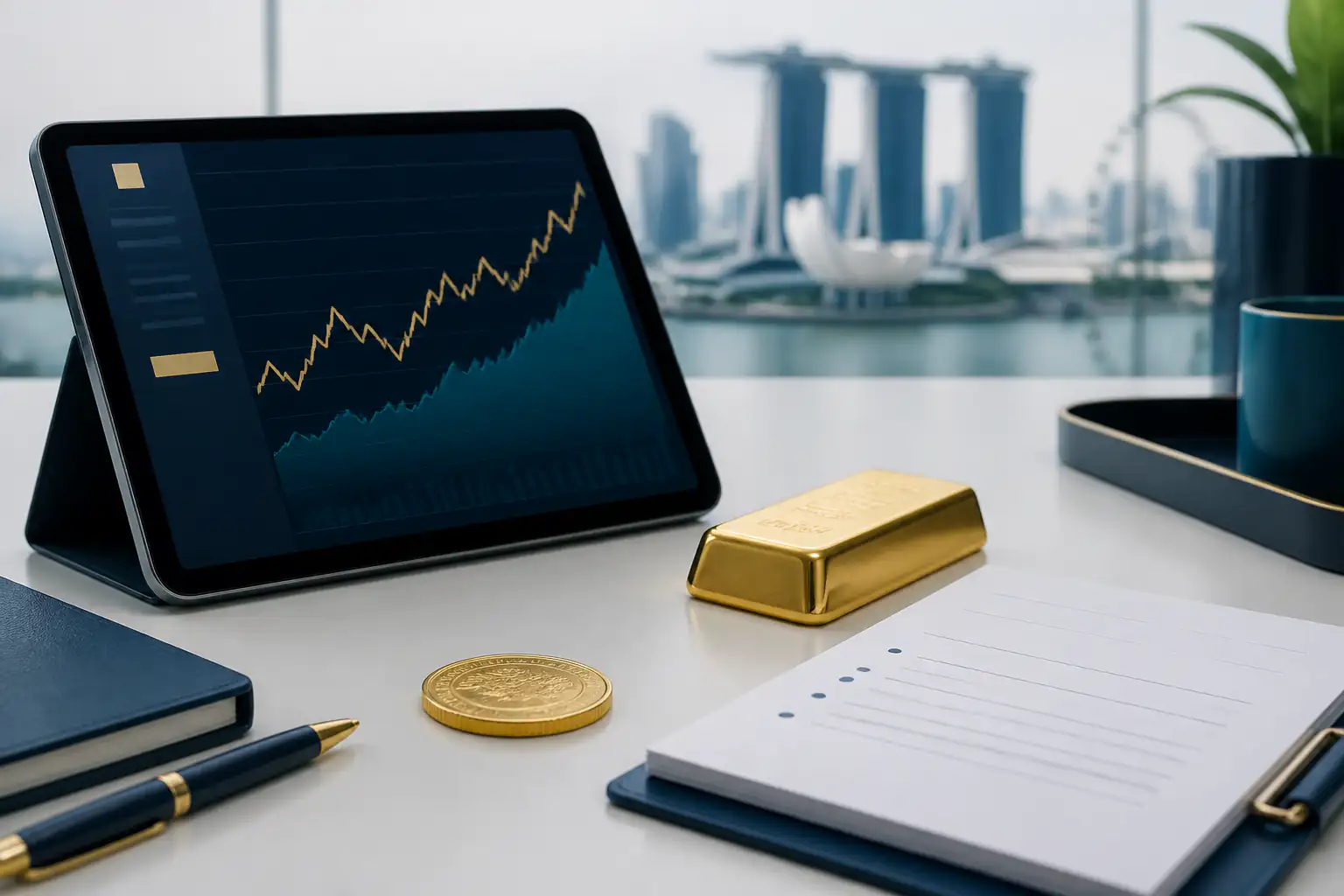 Gold news summary with bars, abstract charts, and market source notes.