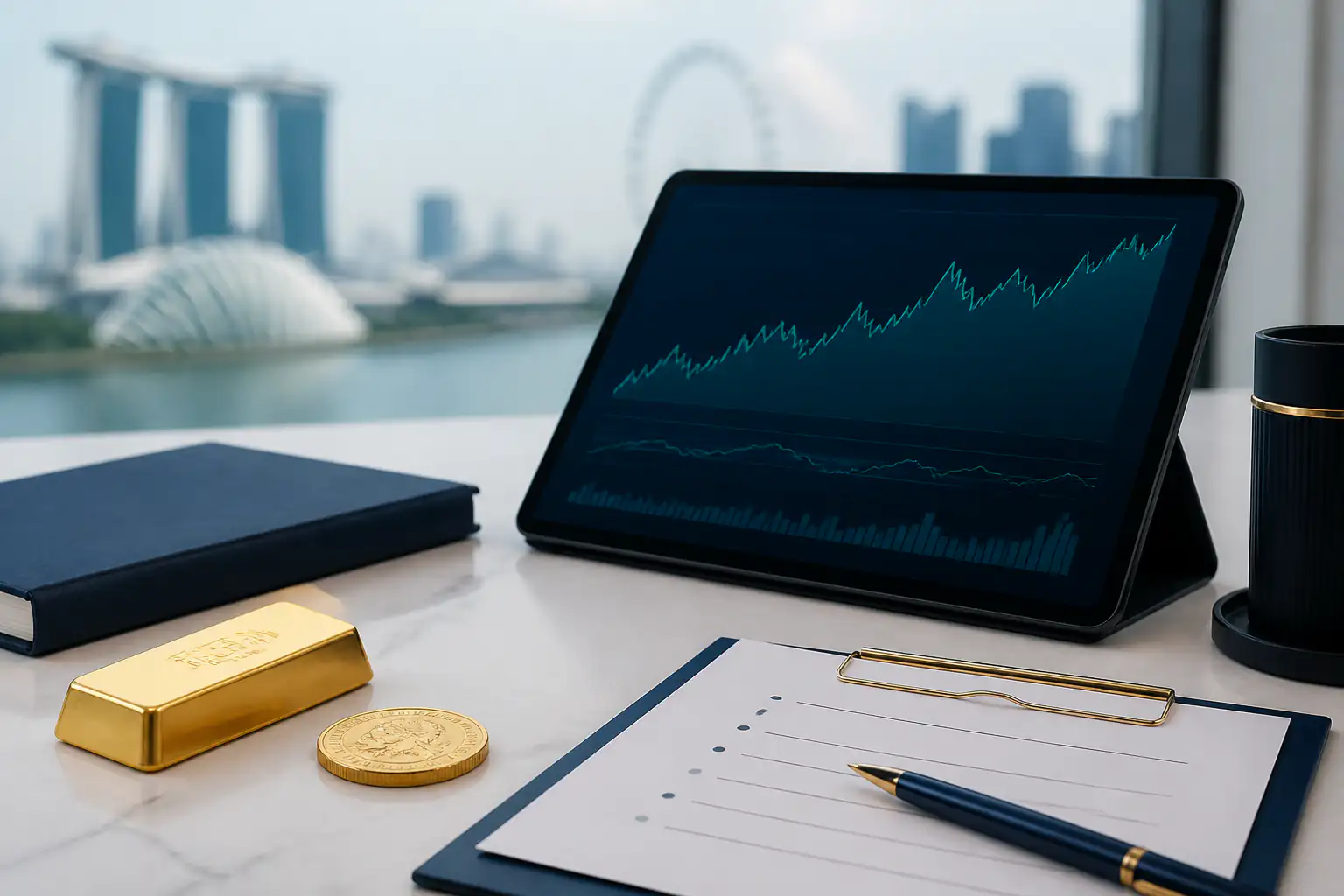 Gold news summary with bars, abstract charts, and market source notes.