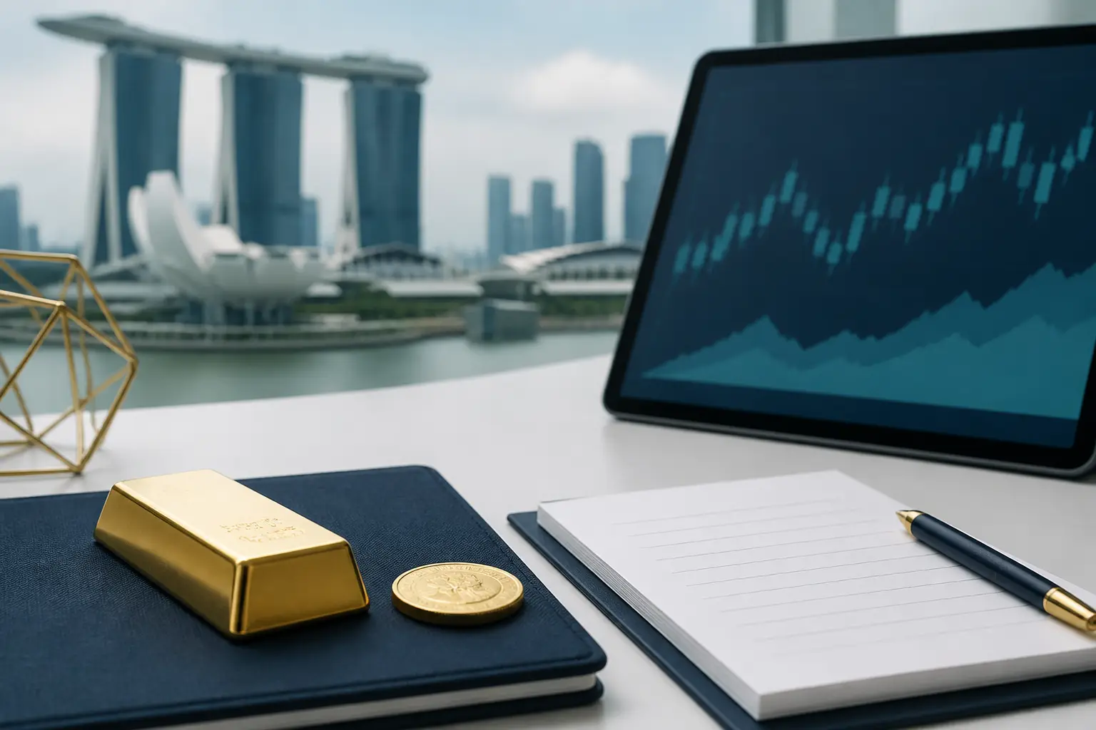 Gold news summary with bars, abstract charts, and market source notes.