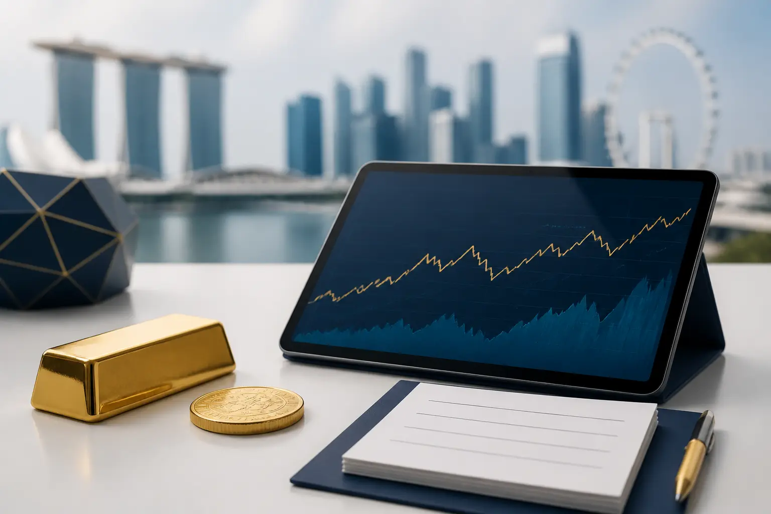 Gold news summary with bars, abstract charts, and market source notes.