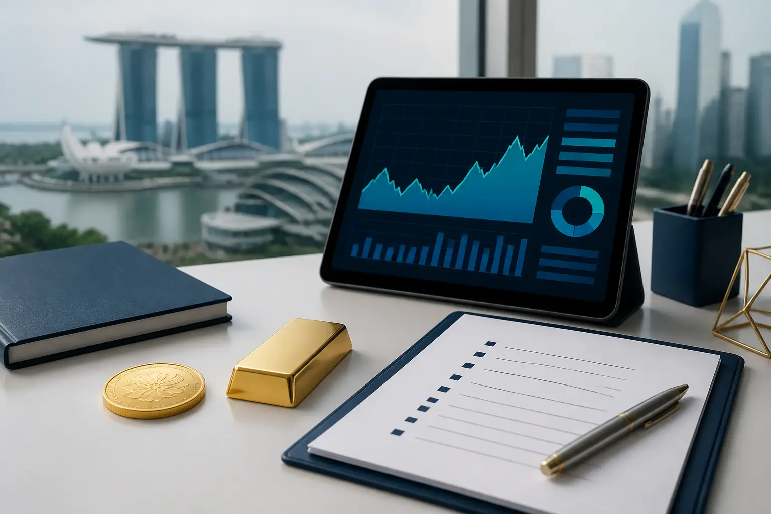 Gold news summary with bars, abstract charts, and market source notes.
