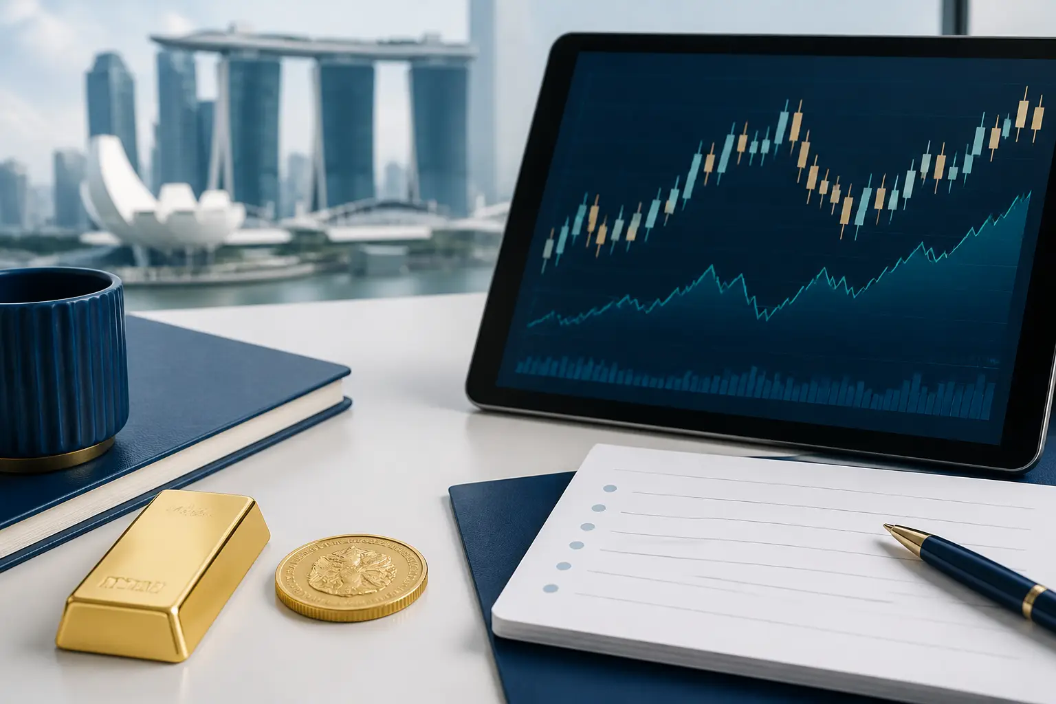 Gold news summary with bars, abstract charts, and market source notes.