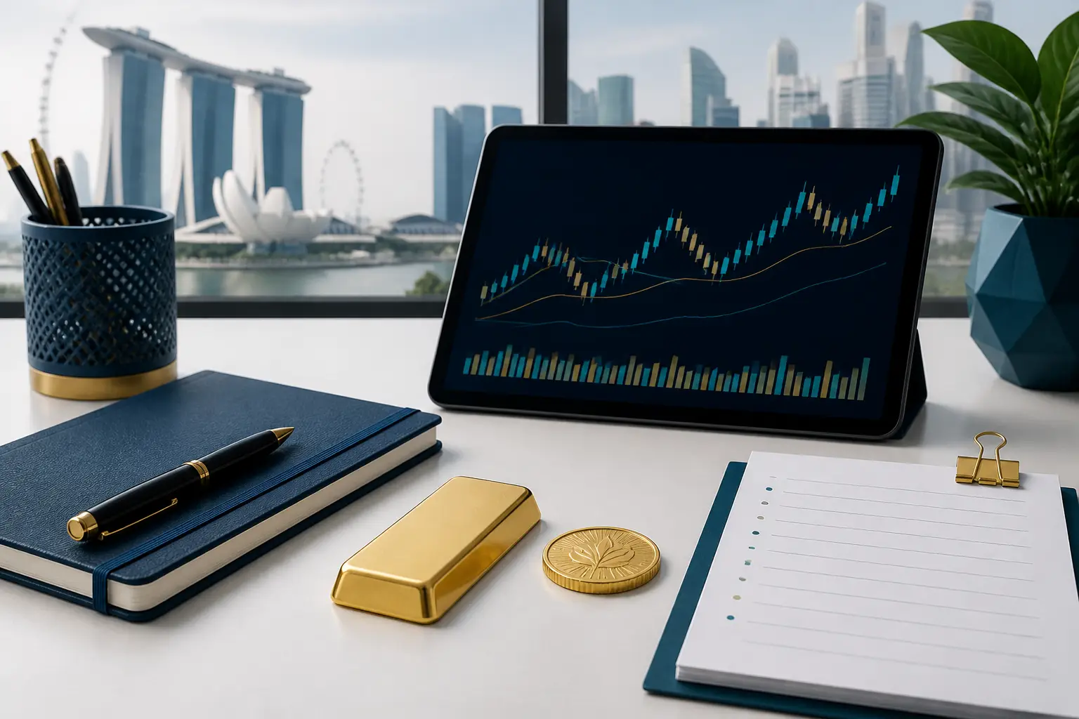 Gold news summary with bars, abstract charts, and market source notes.
