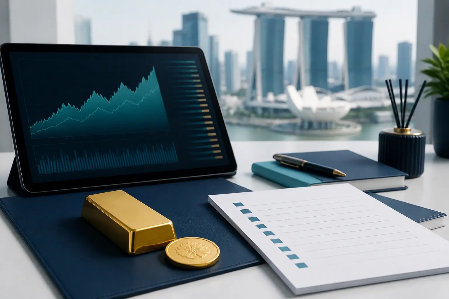 Gold news summary with bars, abstract charts, and market source notes.