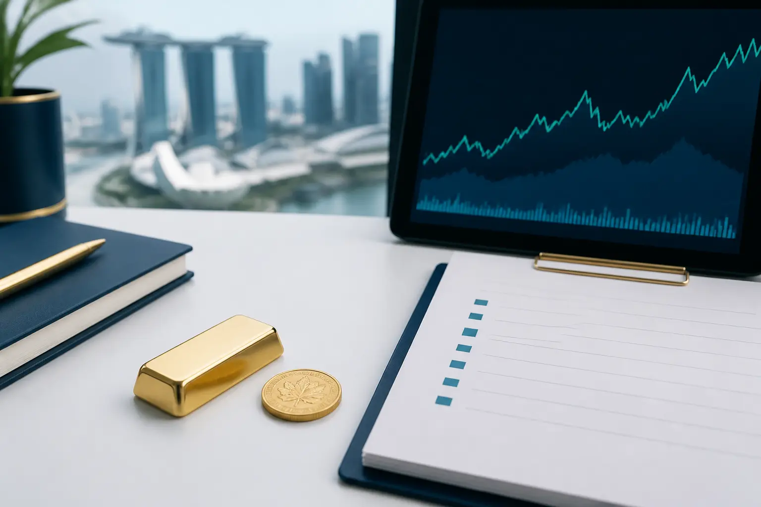 Gold news summary with bars, abstract charts, and market source notes.