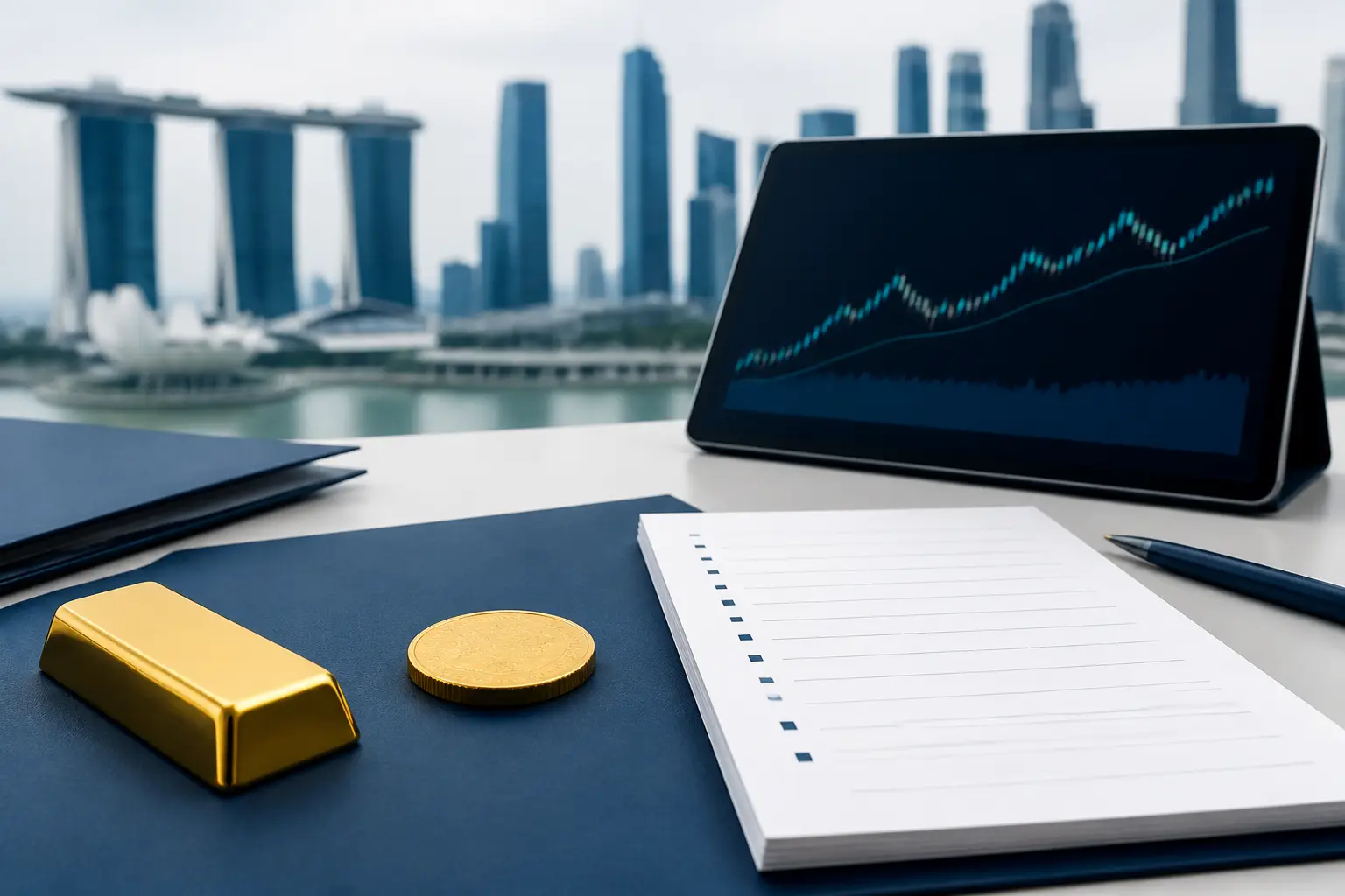 Gold news summary with bars, abstract charts, and market source notes.
