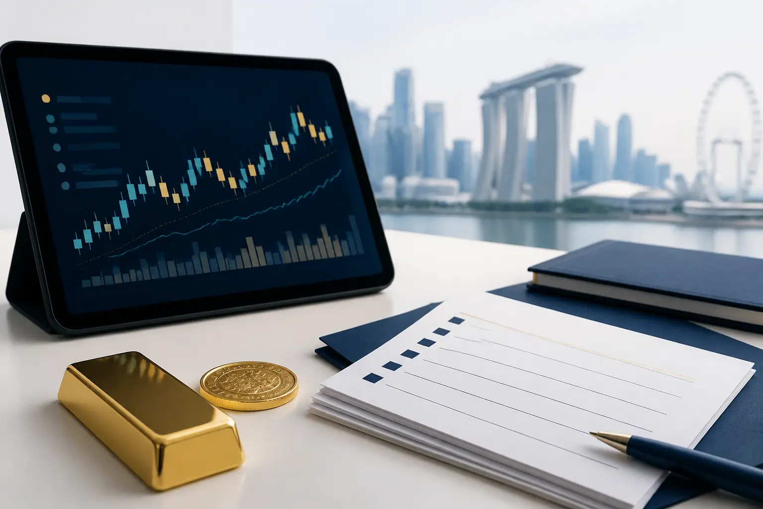 Gold news summary with bars, abstract charts, and market source notes.
