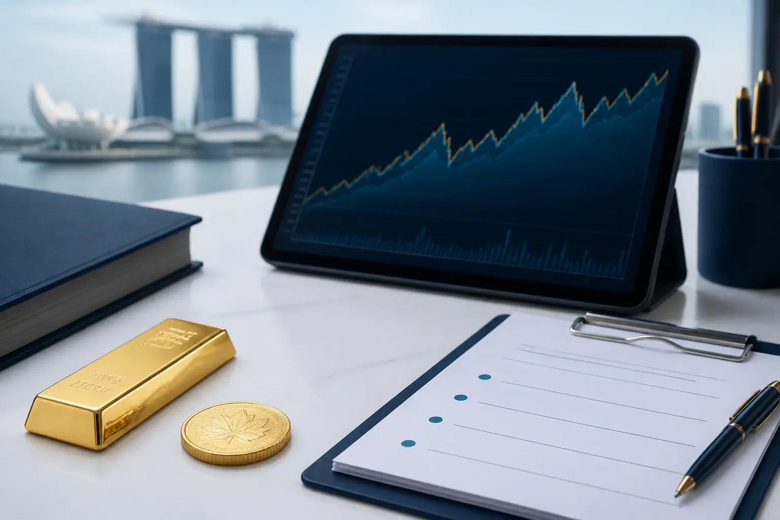Illustration for a gold news briefing with bullion, an abstract chart, and market source notes.