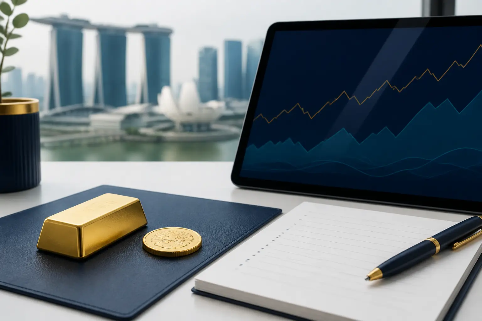 Illustration for a gold news briefing with bullion, an abstract chart, and market source notes.