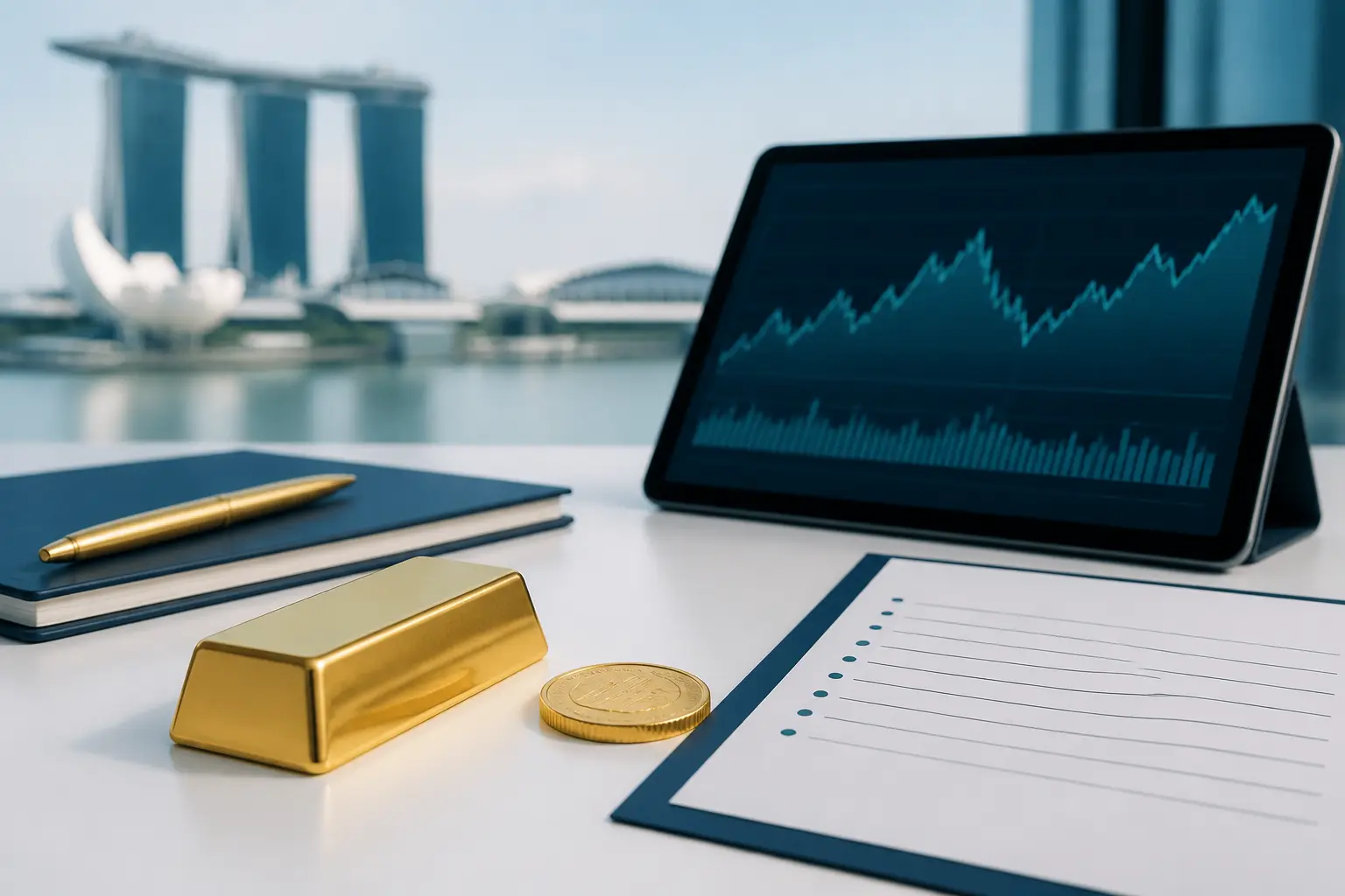 Illustration for a gold news briefing with bullion, an abstract chart, and market source notes.