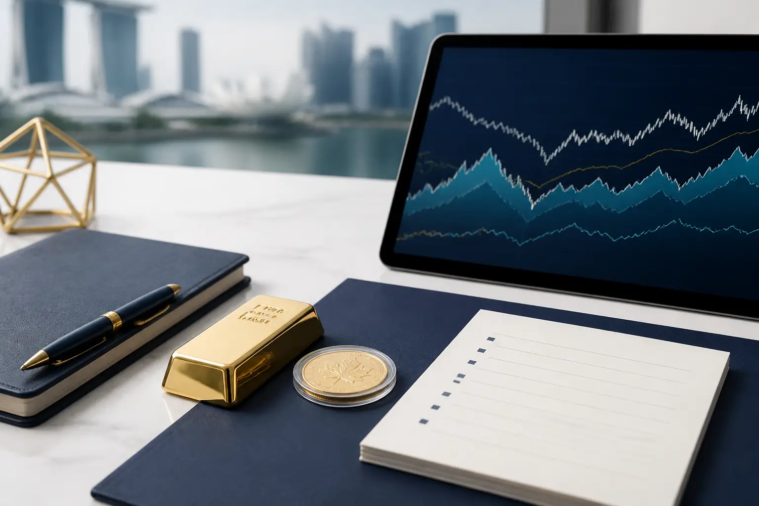 Illustration for a gold news briefing with bullion, an abstract chart, and market source notes.