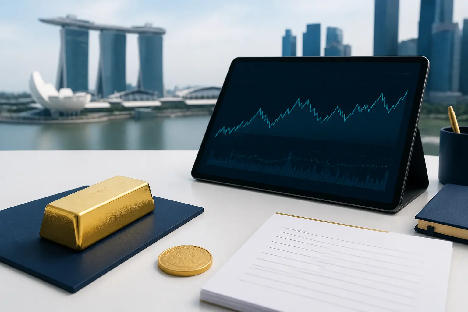 Illustration for a gold news briefing with bullion, an abstract chart, and market source notes.