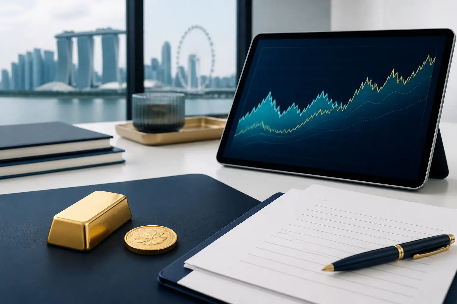 Illustration for a gold news briefing with bullion, an abstract chart, and market source notes.
