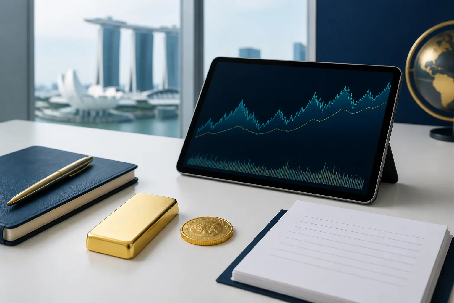 Illustration for a gold news briefing with bullion, an abstract chart, and market source notes.