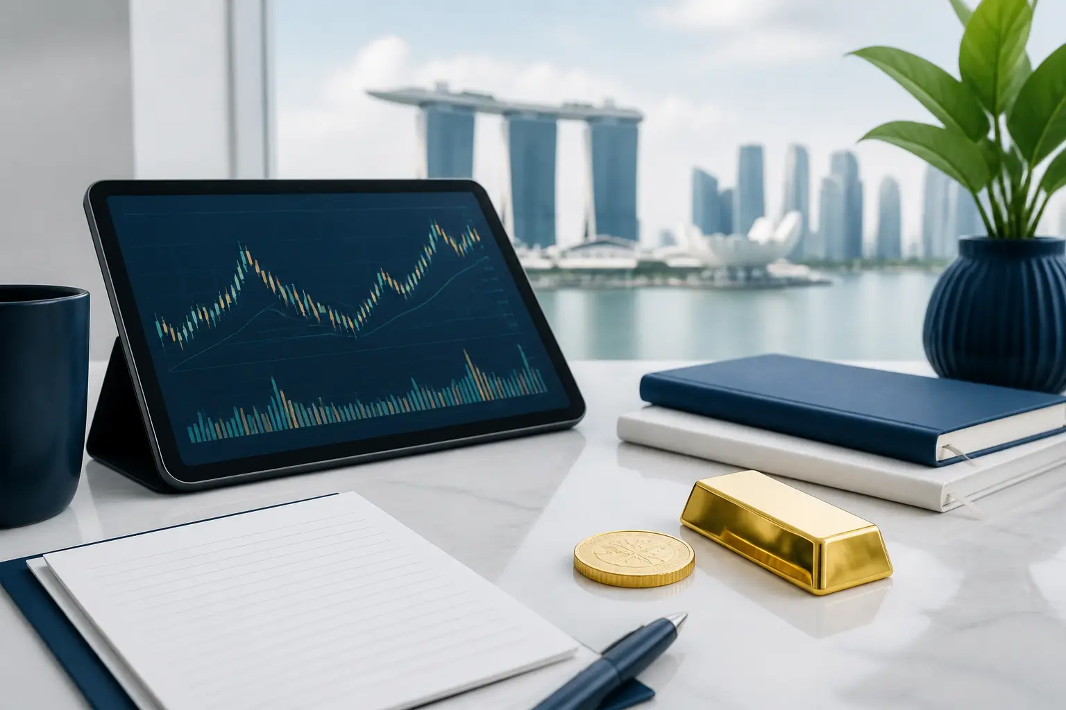 Illustration for a gold news briefing with bullion, an abstract chart, and market source notes.