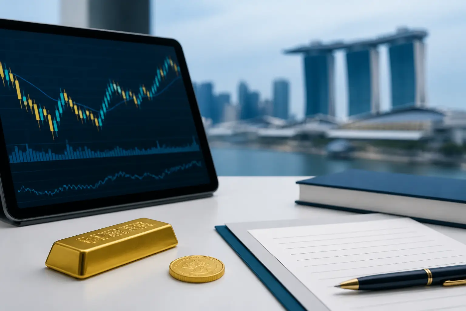 Illustration for a gold news briefing with bullion, an abstract chart, and market source notes.