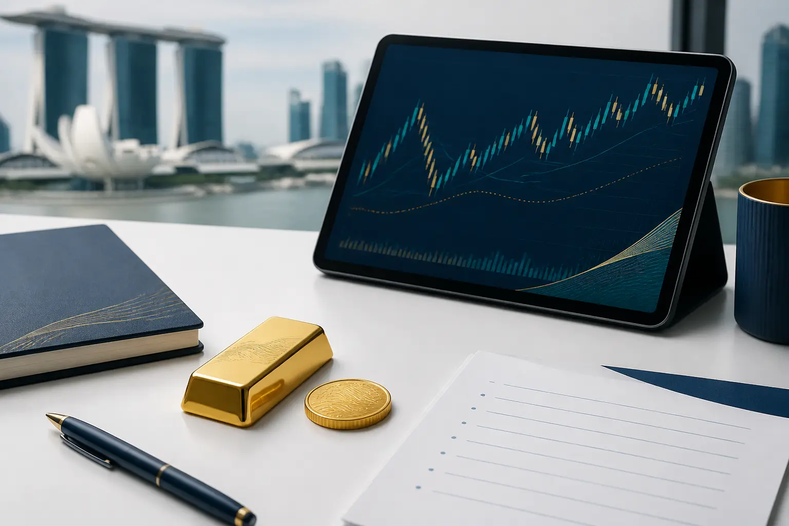 Illustration for a gold news briefing with bullion, an abstract chart, and market source notes.