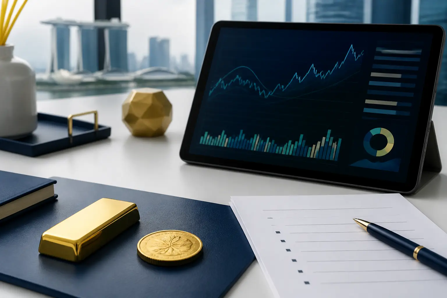 Illustration for a gold news briefing with bullion, an abstract chart, and market source notes.
