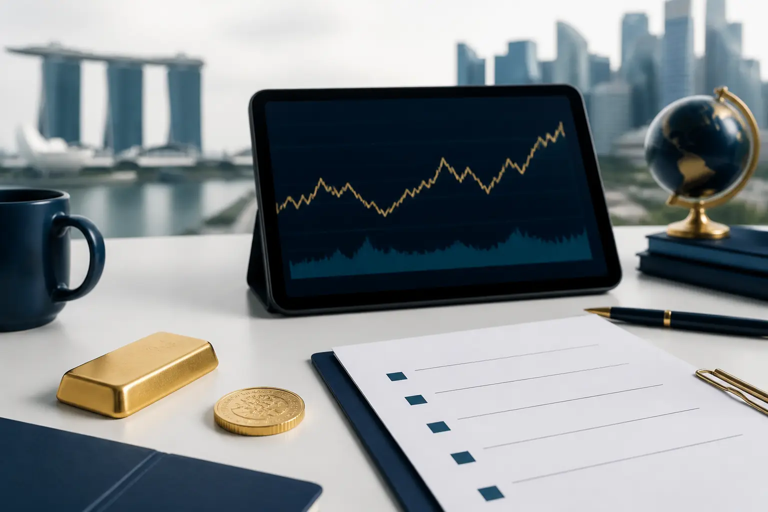 Illustration for a gold news briefing with bullion, an abstract chart, and market source notes.