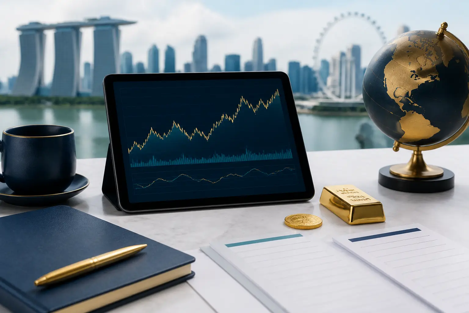 Illustration for a gold news briefing with bullion, an abstract chart, and market source notes.