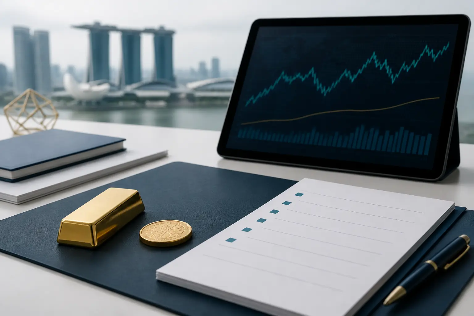 Illustration for a gold news briefing with bullion, an abstract chart, and market source notes.