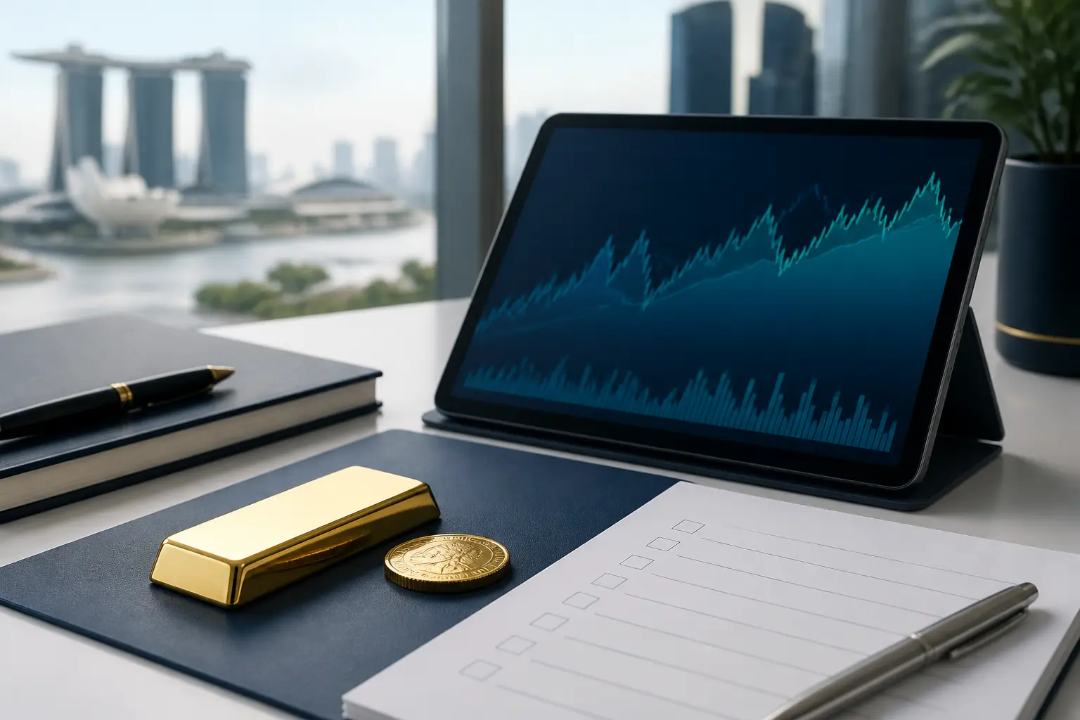 Illustration for a gold news briefing with bullion, an abstract chart, and market source notes.