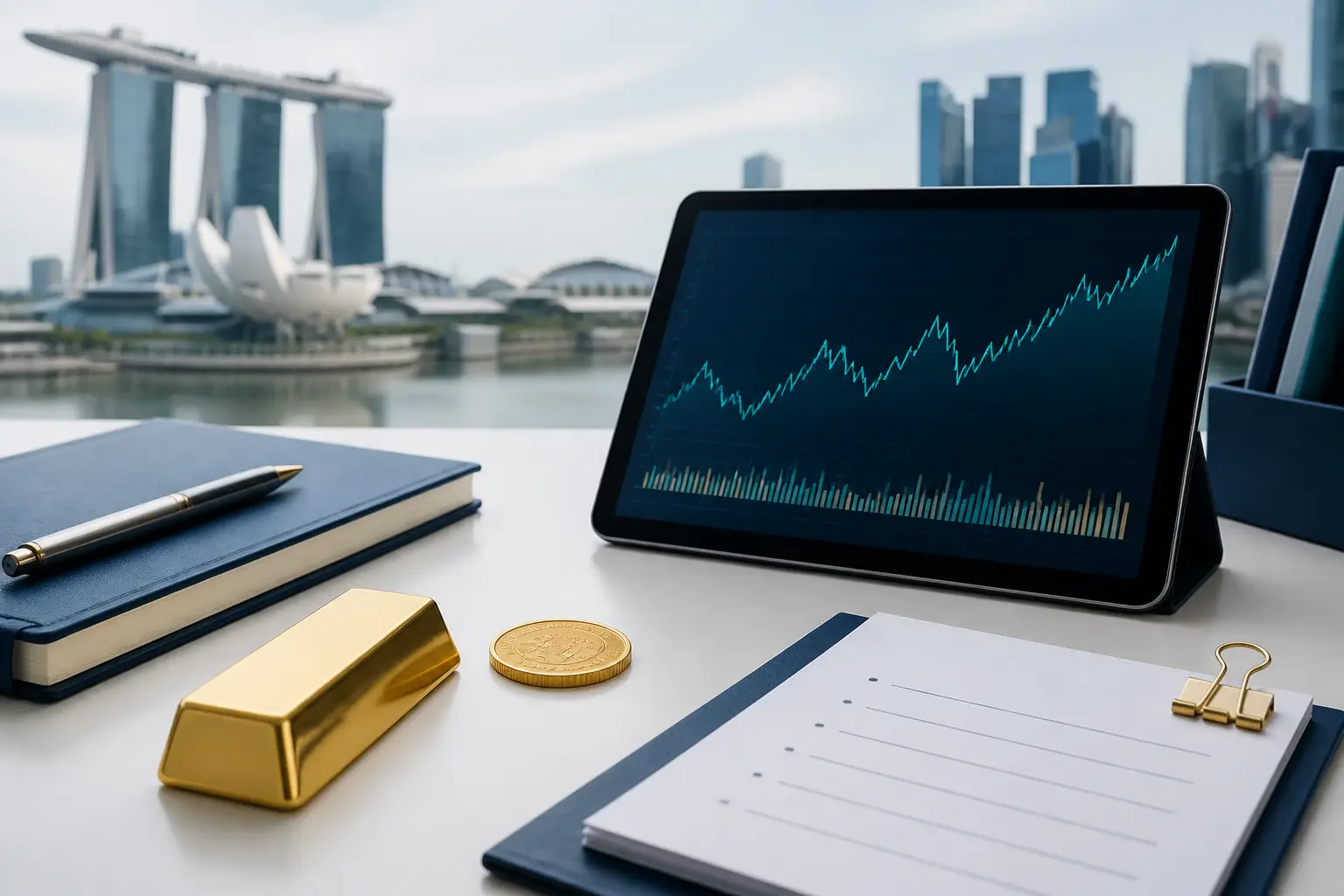 Illustration for a gold news briefing with bullion, an abstract chart, and market source notes.