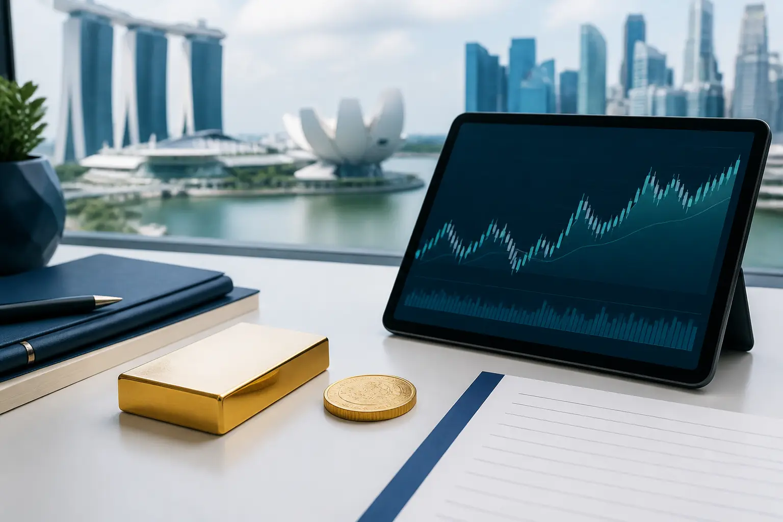 Illustration for a gold news briefing with bullion, an abstract chart, and market source notes.