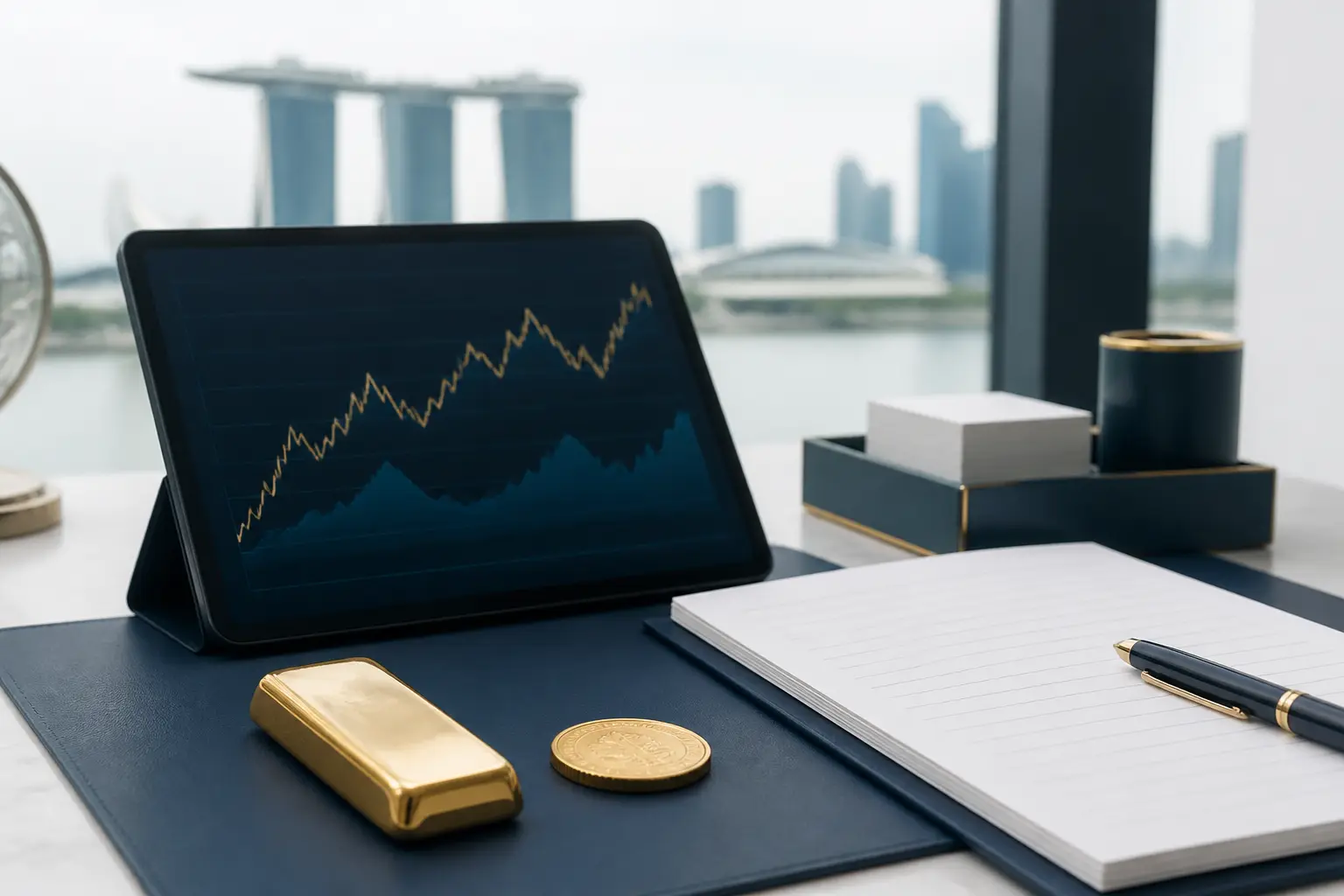 Illustration for a gold news briefing with bullion, an abstract chart, and market source notes.