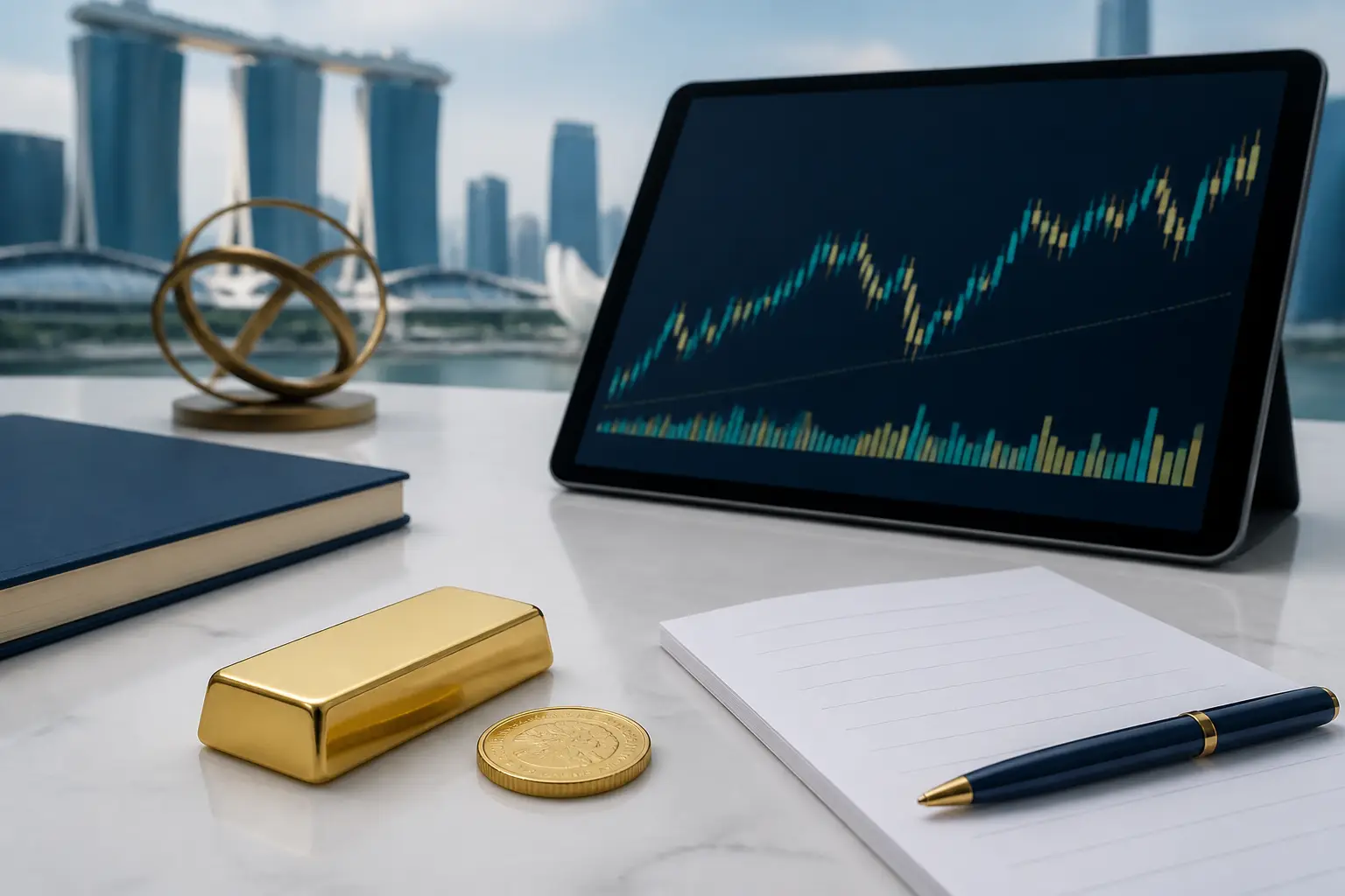 Illustration for a gold news briefing with bullion, an abstract chart, and market source notes.
