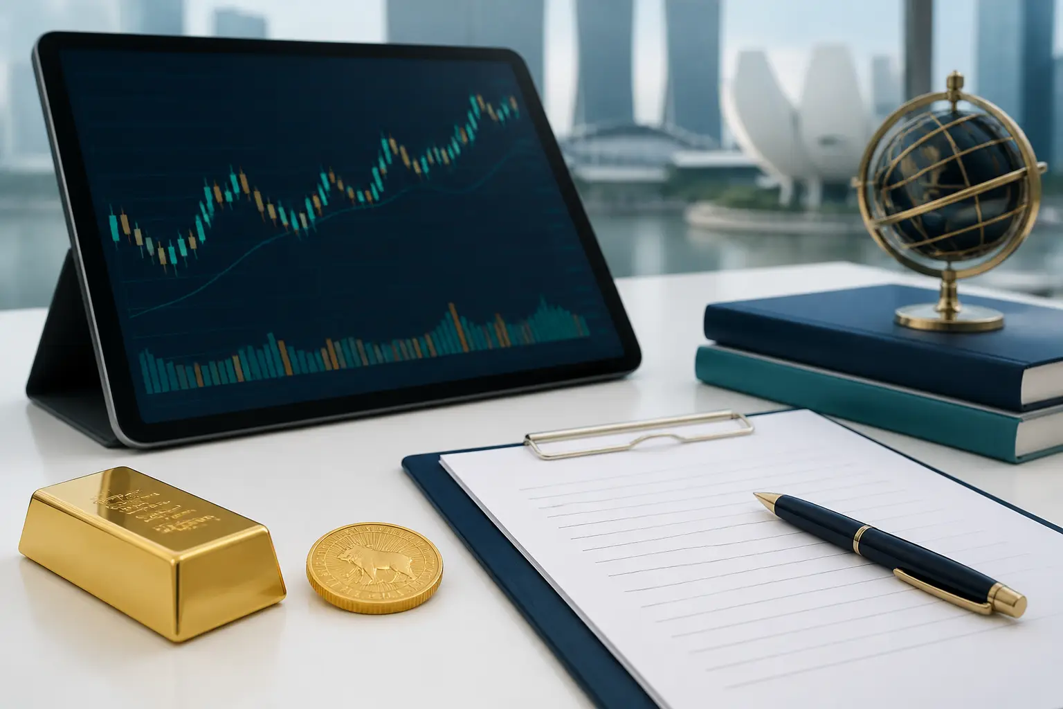 Illustration for a gold news briefing with bullion, an abstract chart, and market source notes.