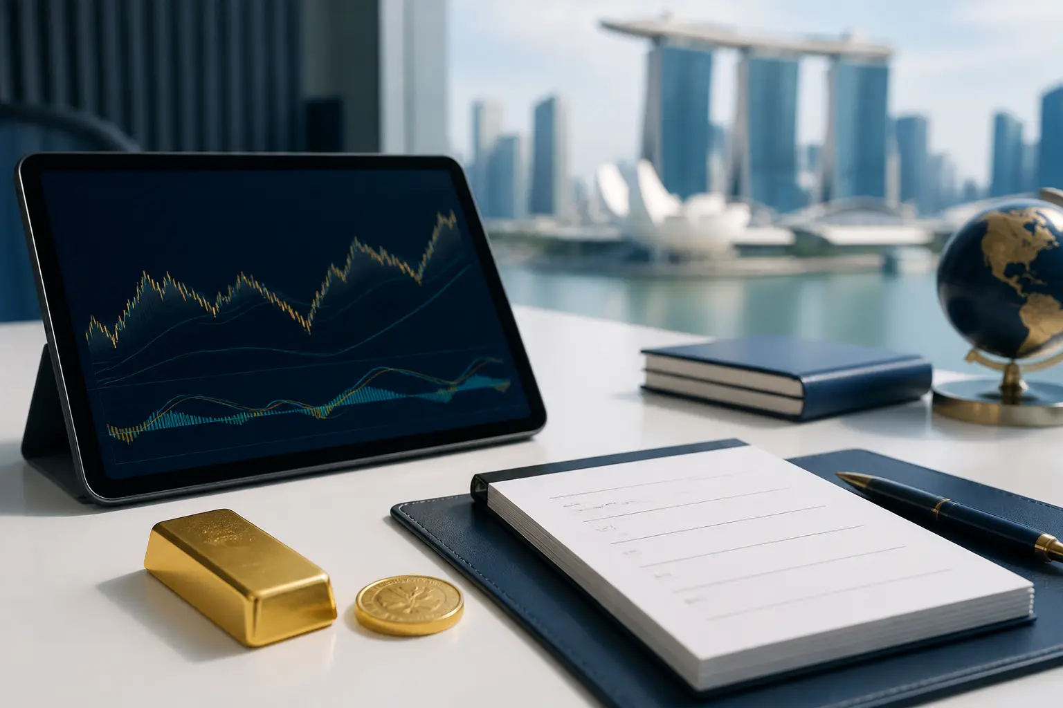 Illustration for a gold news briefing with bullion, an abstract chart, and market source notes.