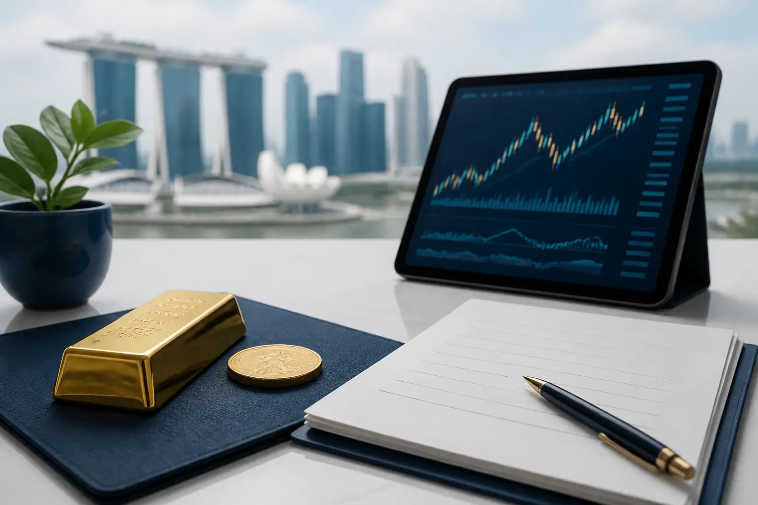 Illustration for a gold news briefing with bullion, an abstract chart, and market source notes.