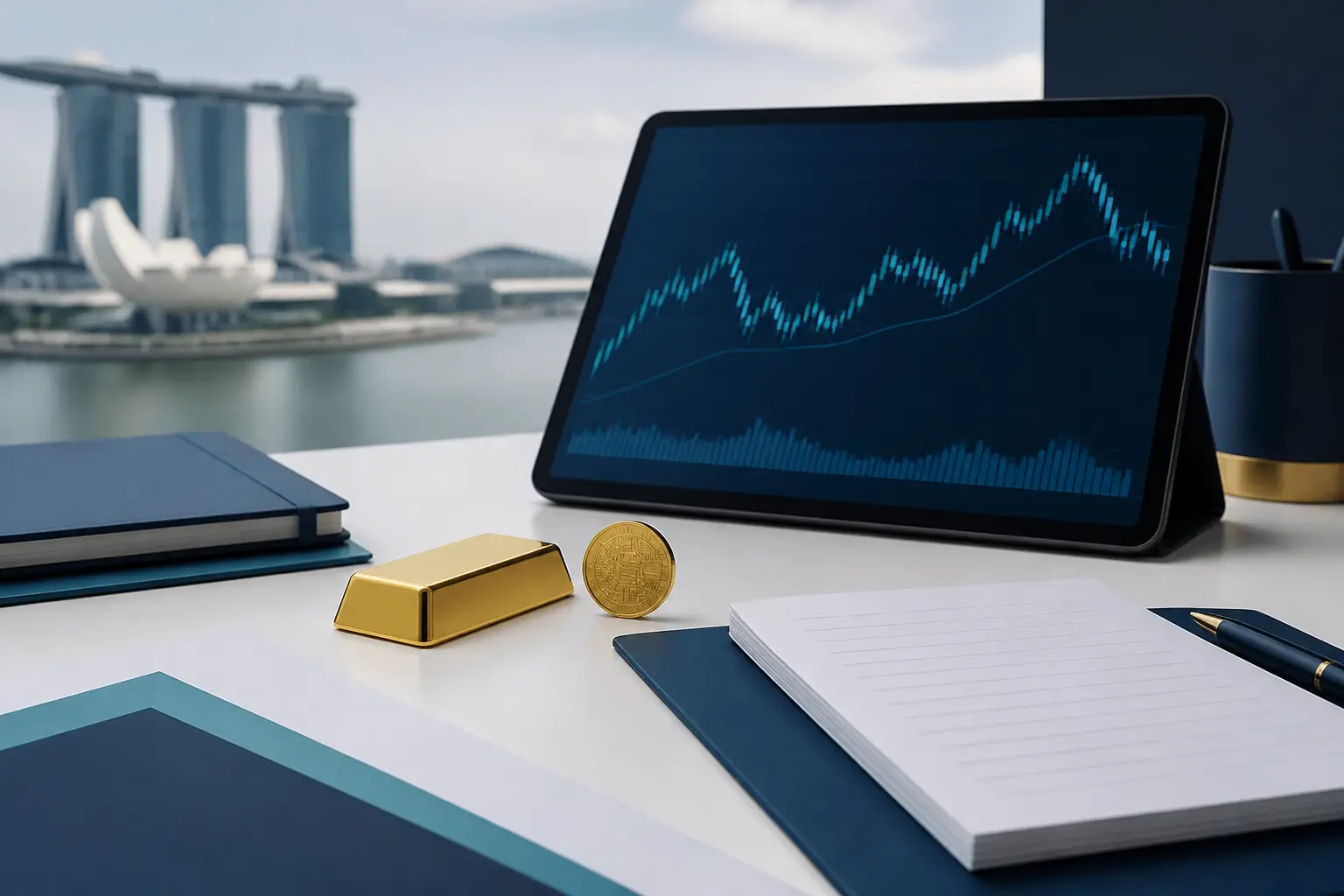 Illustration for a gold news briefing with bullion, an abstract chart, and market source notes.