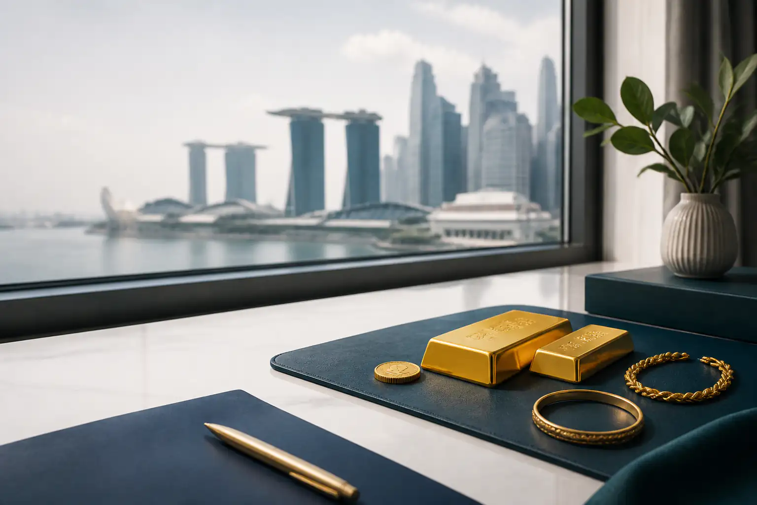 Investment gold and jewellery on a modern desk with a Singapore city backdrop.